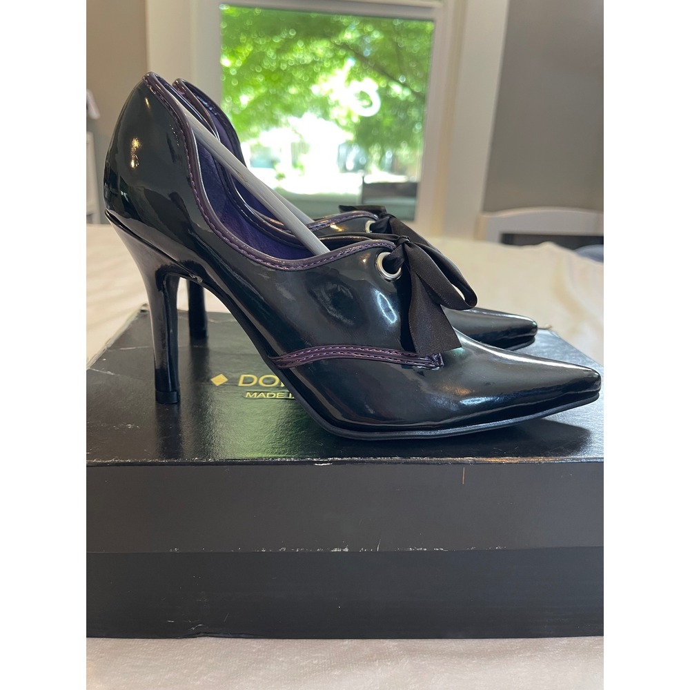 Ellie Shoes Black Patent Purple Piping Ribbon Tie Pointed Toe Pumps Endora 6